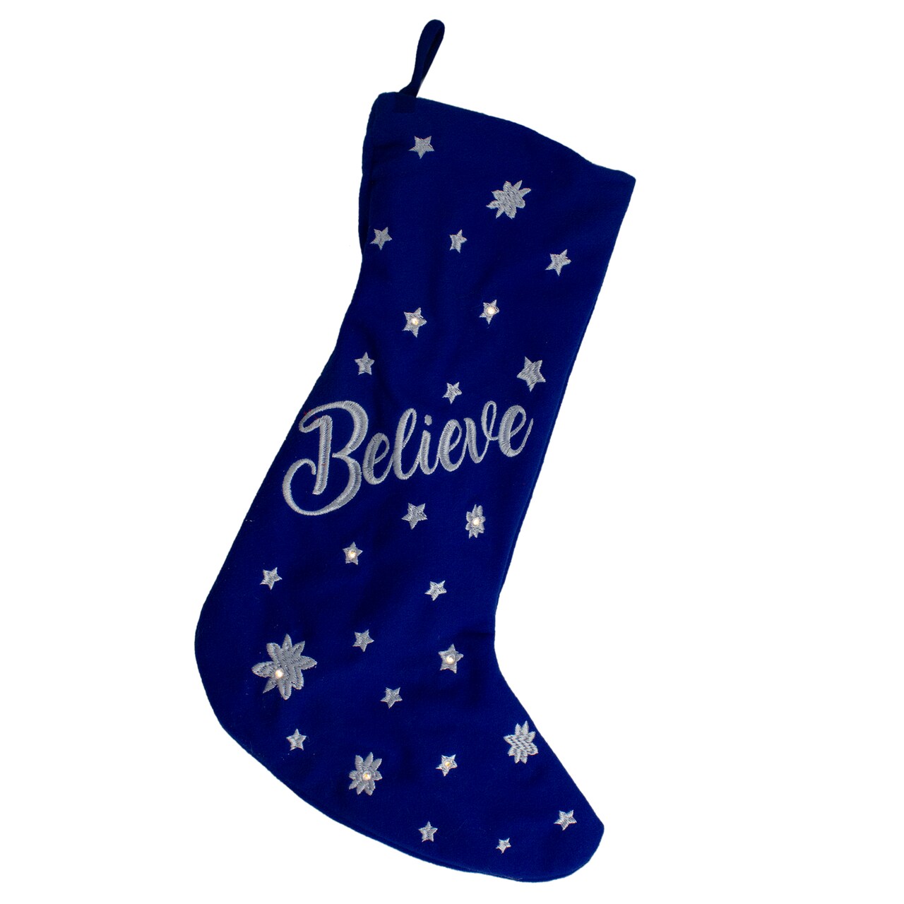 Northlight 18" LED Blue Stocking "Believe" with White Snowflakes